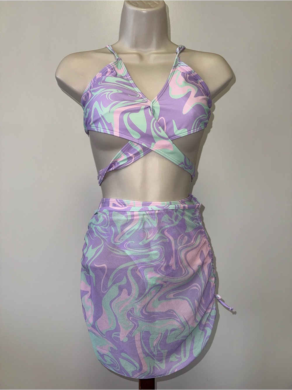 SHEIN (Teen 12Y-13Y) Purple/Green Swirl Pattern 3 Piece Swim Suit